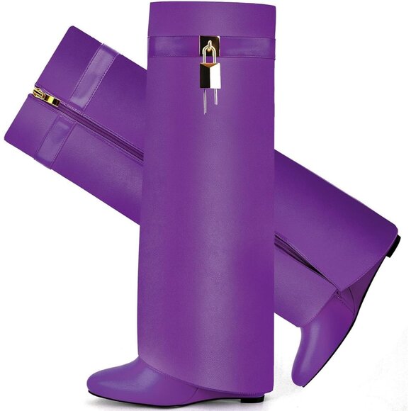 Women Faux Leather Purple Pull-on Wedge Heel Knee Shark Padlock Design Boot - Picture 1 of 5